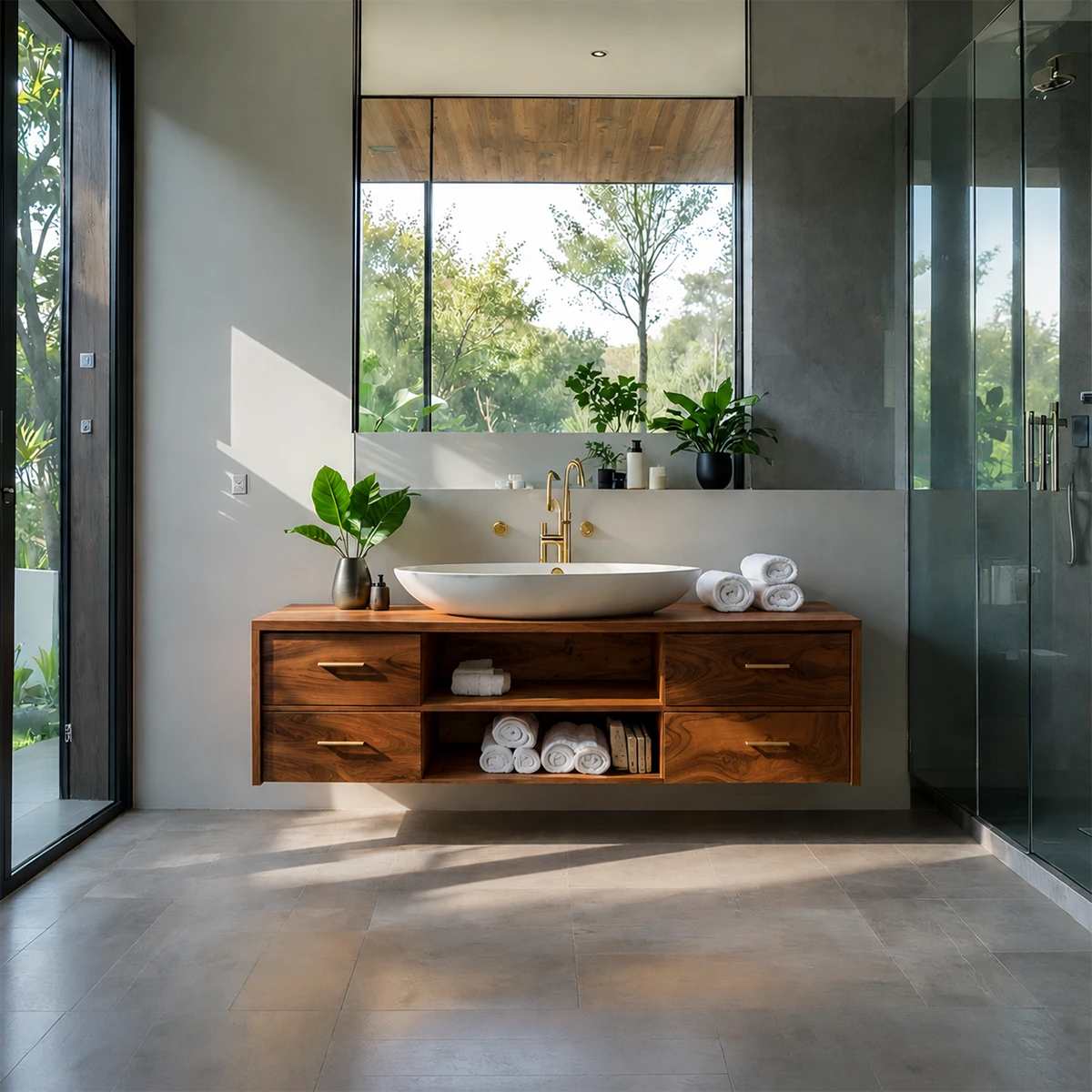 Minimalist Floating Natural Solid Wood Bathroom Vanity With Open Shelf Storage - ArborisWood - 15