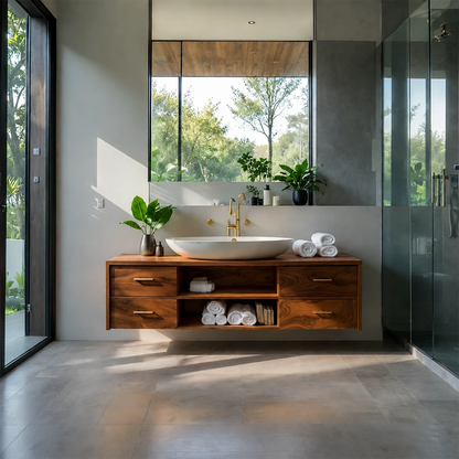 Minimalist Floating Natural Solid Wood Bathroom Vanity With Open Shelf Storage - ArborisWood - 15