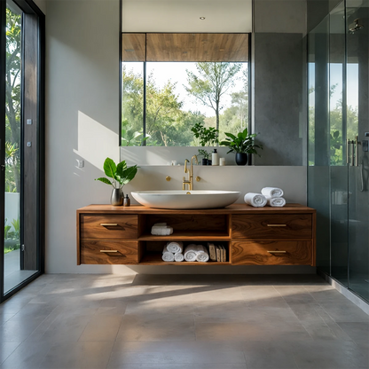 Minimalist Floating Natural Solid Wood Bathroom Vanity With Open Shelf Storage - ArborisWood - 16