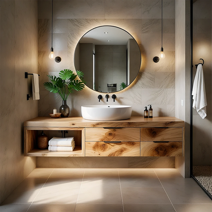 Minimalist maple floating bathroom vanity with side cubby shelf