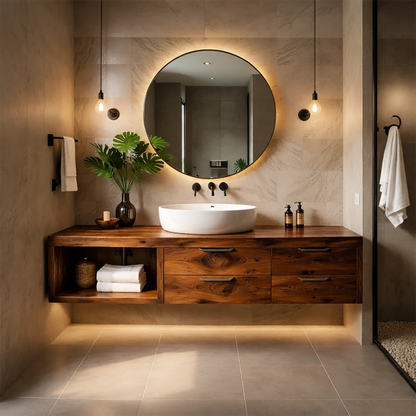 Maple floating bathroom vanity with natural wood texture