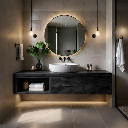 Contemporary maple floating bathroom vanity with storage