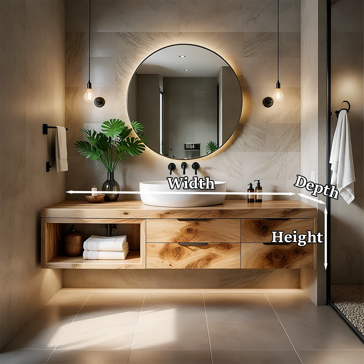 Minimalist maple floating bathroom vanity with wood drawers