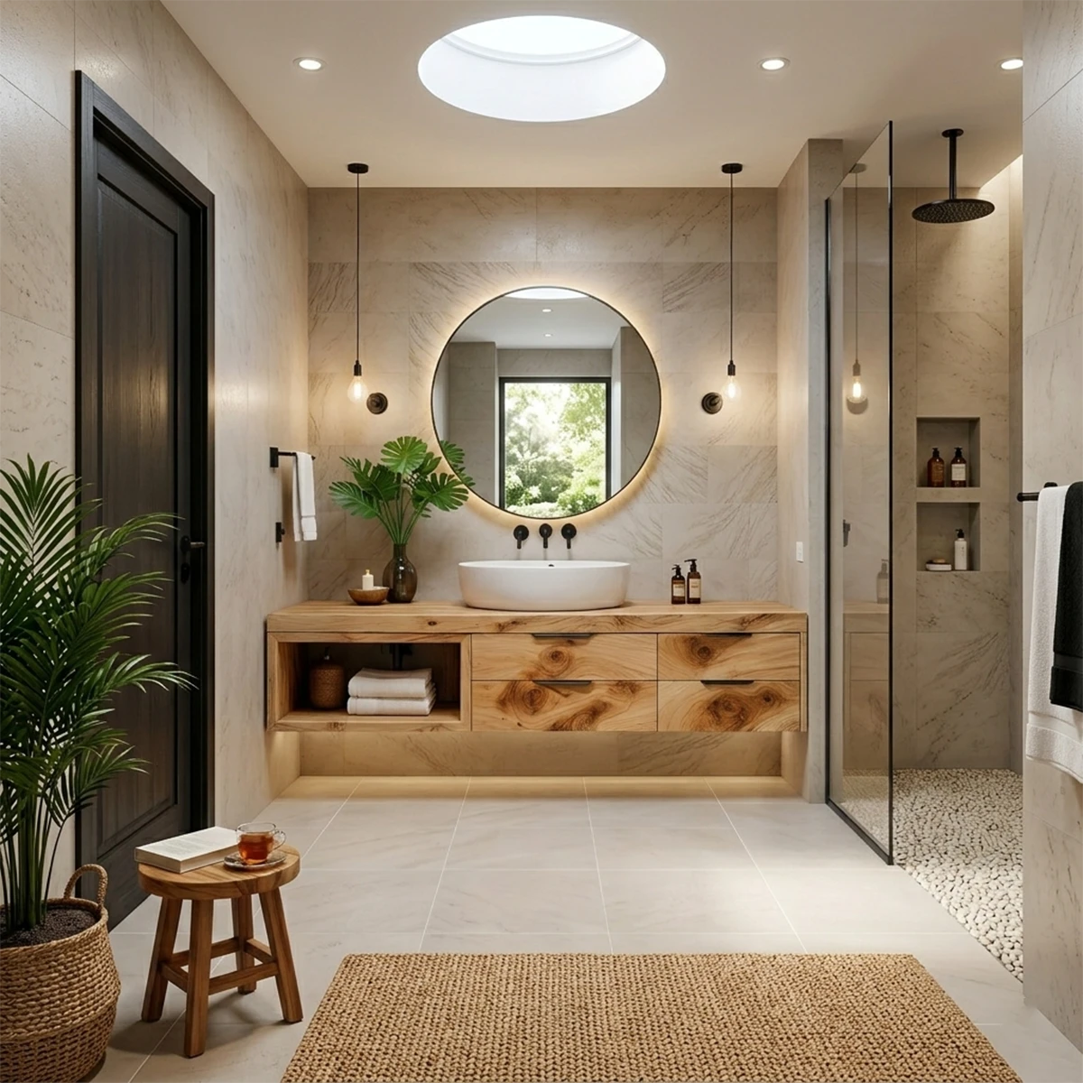 Maple floating bathroom vanity with open side storage