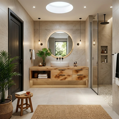 Maple floating bathroom vanity with open side storage