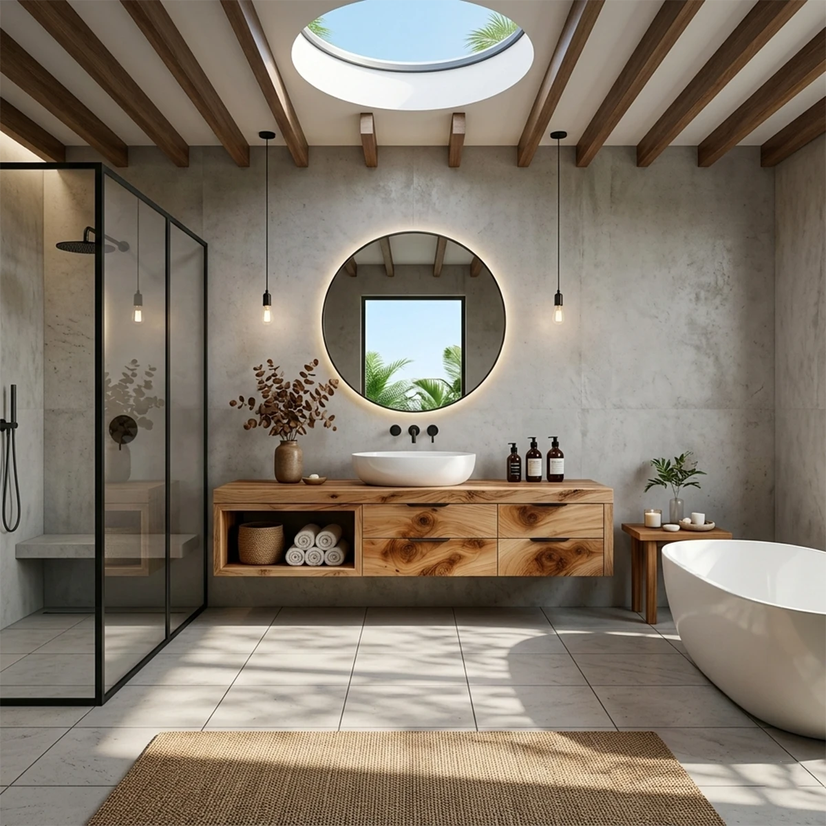 Maple floating bathroom vanity with modern vessel sink