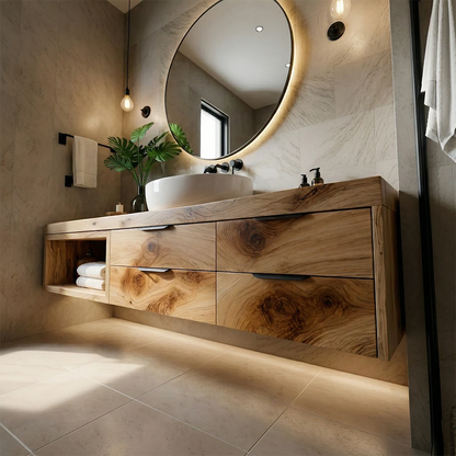 Wall mounted maple floating bathroom vanity with drawers
