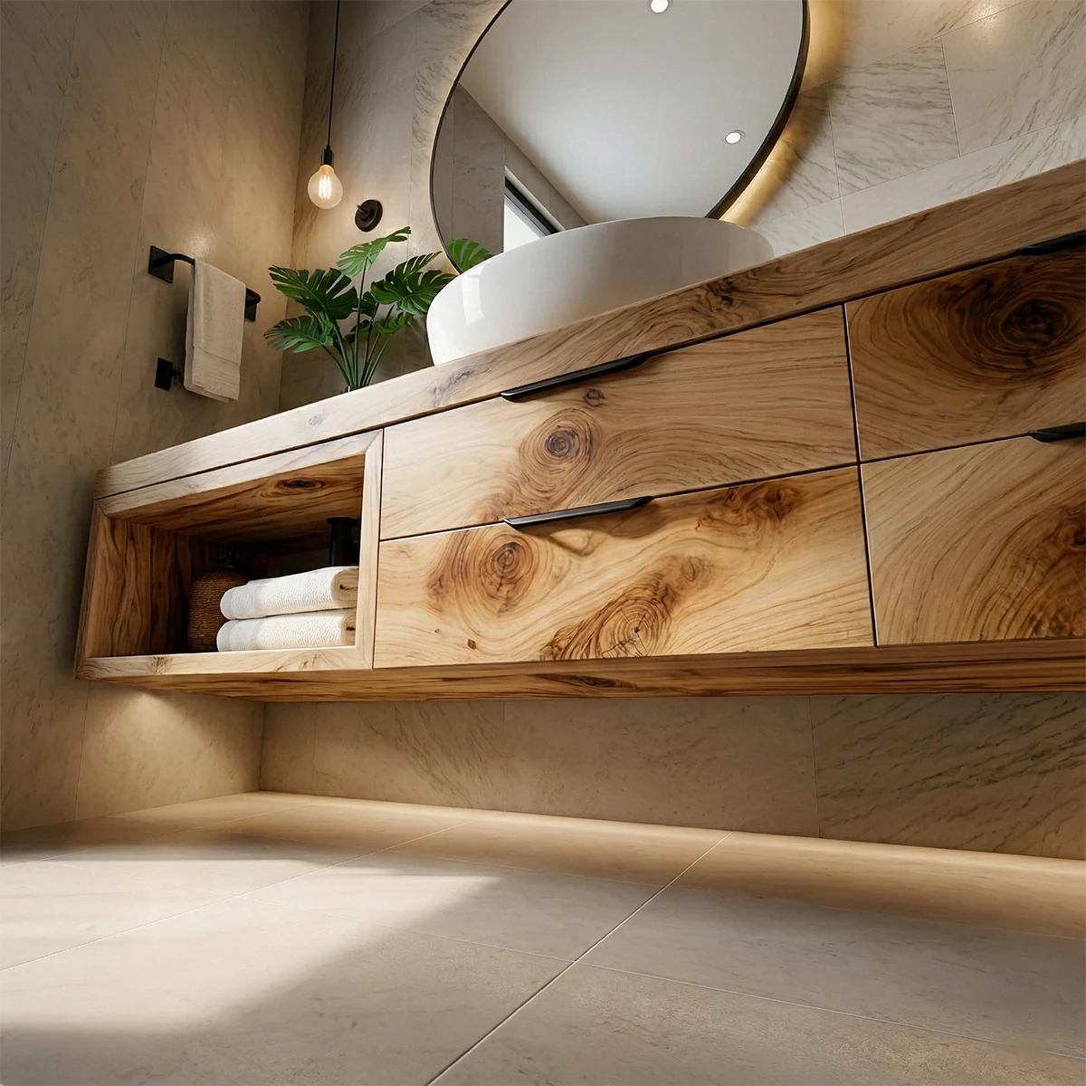 Solid maple floating bathroom vanity with natural wood grain