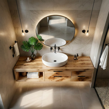 Modern maple floating bathroom vanity with storage drawers