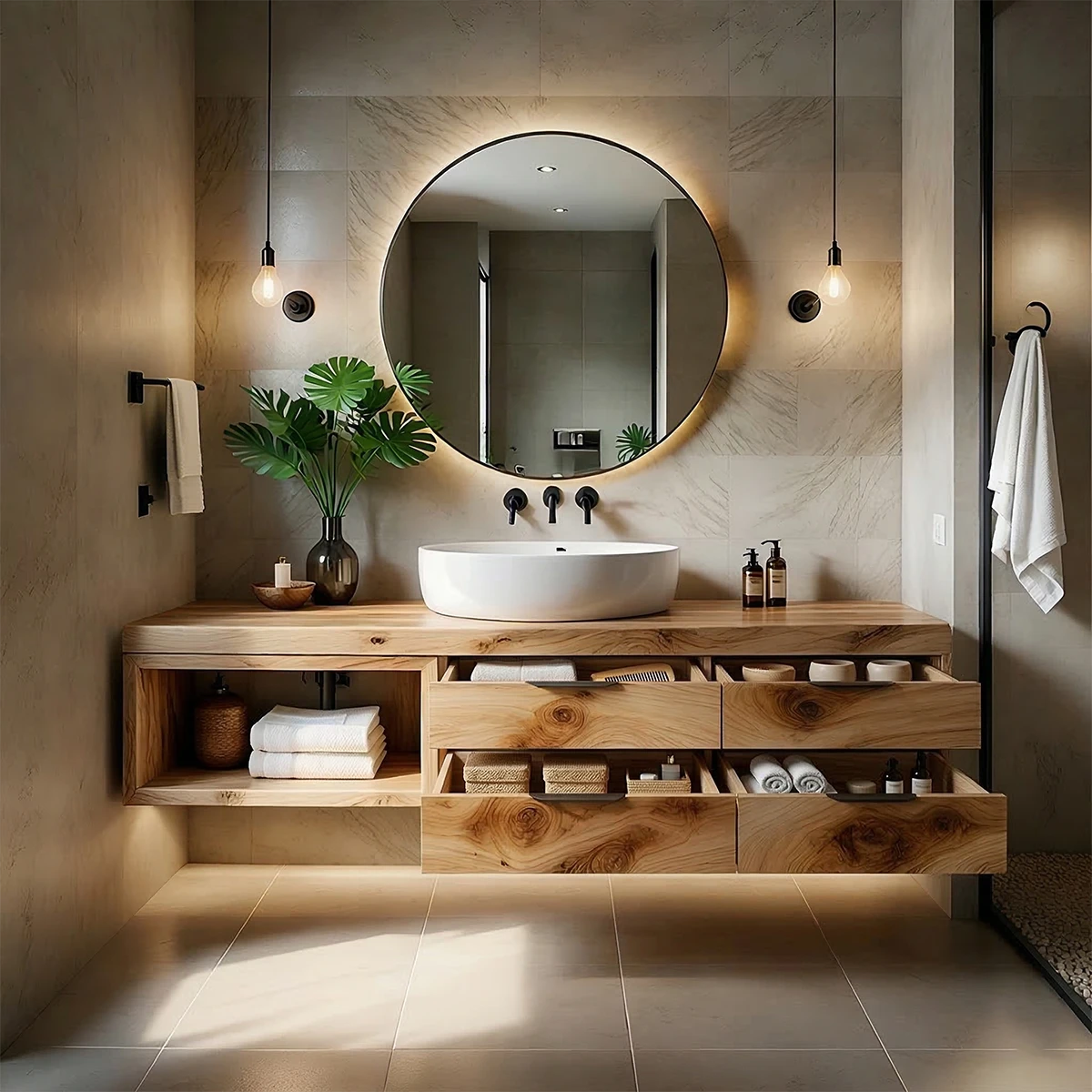 Designer maple floating bathroom vanity with open cubby