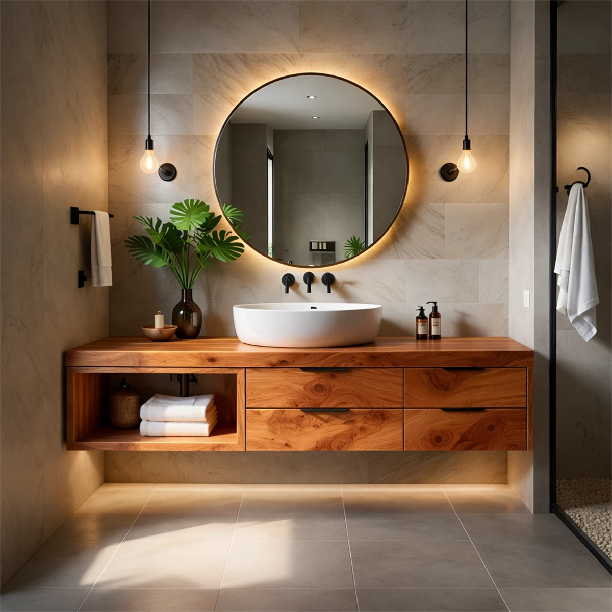Elegant maple floating bathroom vanity in modern bathroom