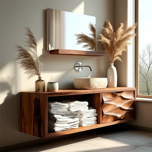 Minimalist rosewood floating bathroom vanity with sculpted cabinet door