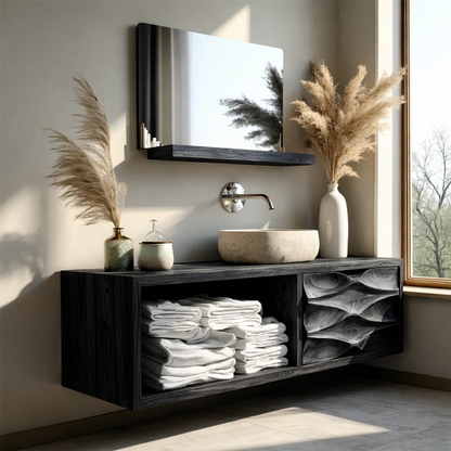 Luxury rosewood floating bathroom vanity with handcrafted wood texture