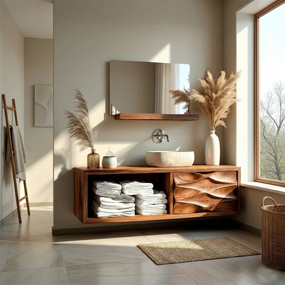 Natural rosewood floating bathroom vanity with stone vessel sink