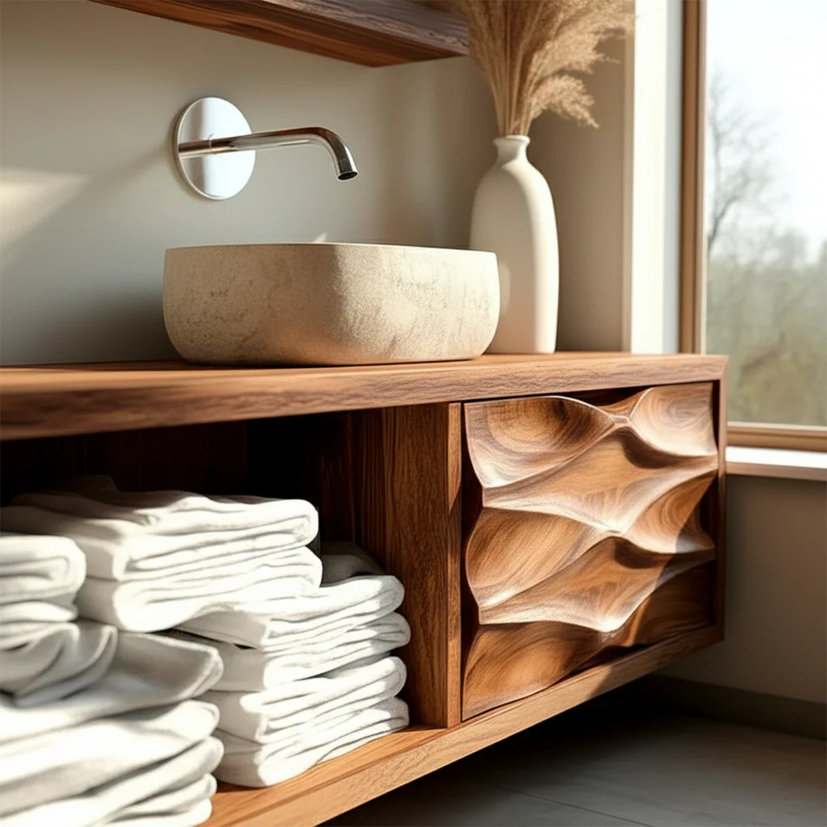 Solid rosewood floating bathroom vanity with carved wood panel