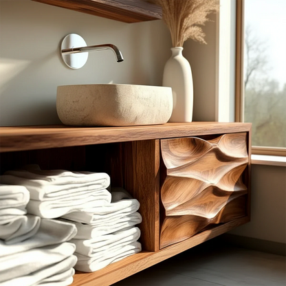 Solid rosewood floating bathroom vanity with carved wood panel