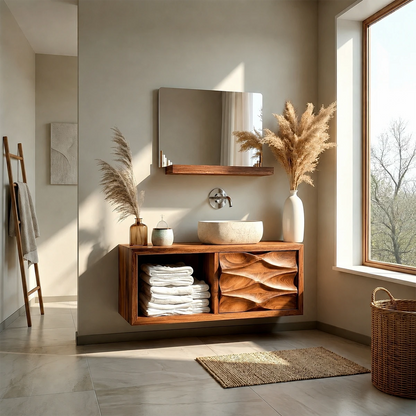 Floating Natural Solid Wood Bathroom Vanity With Sculpted Drawer