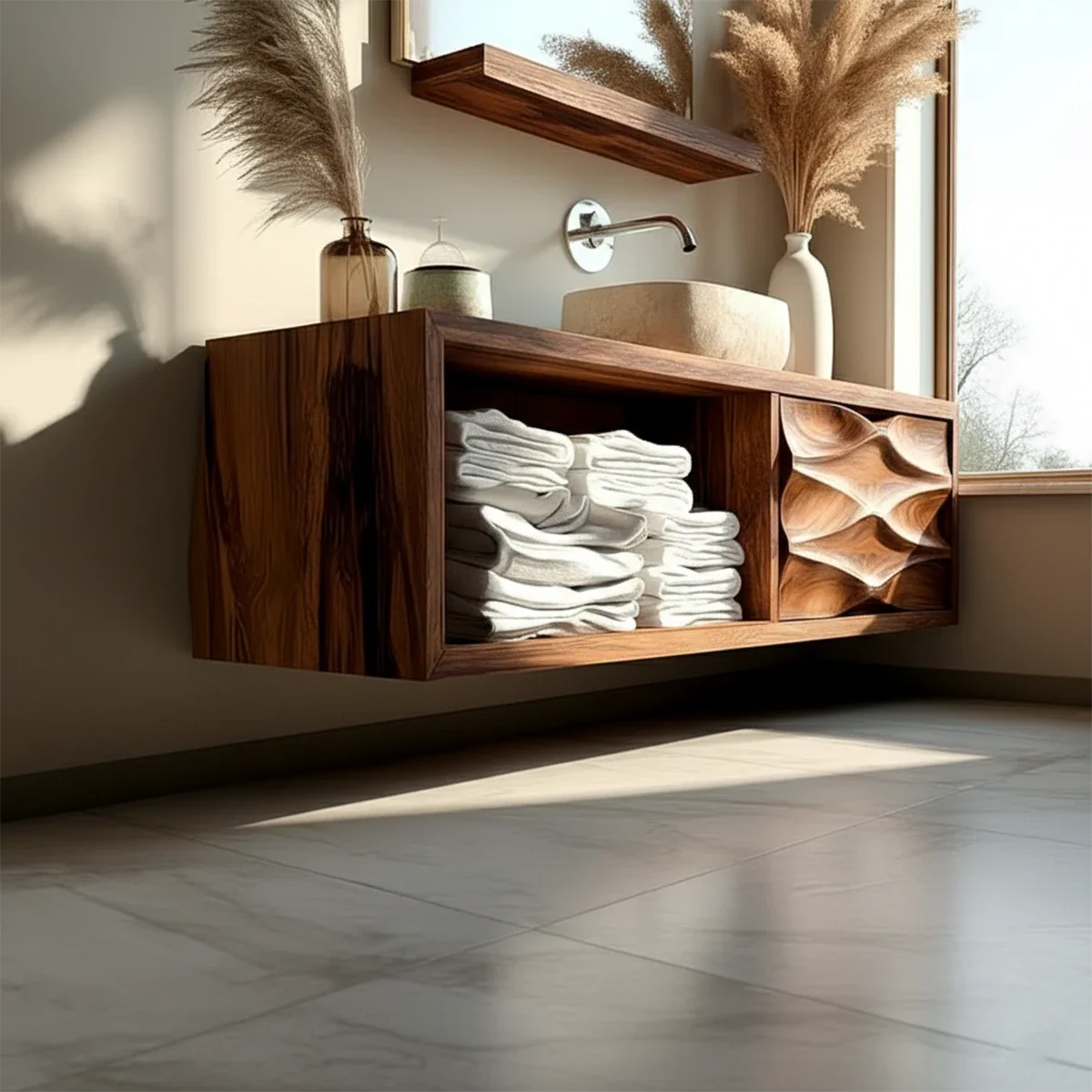 Contemporary rosewood floating bathroom vanity with sculptural cabinet design