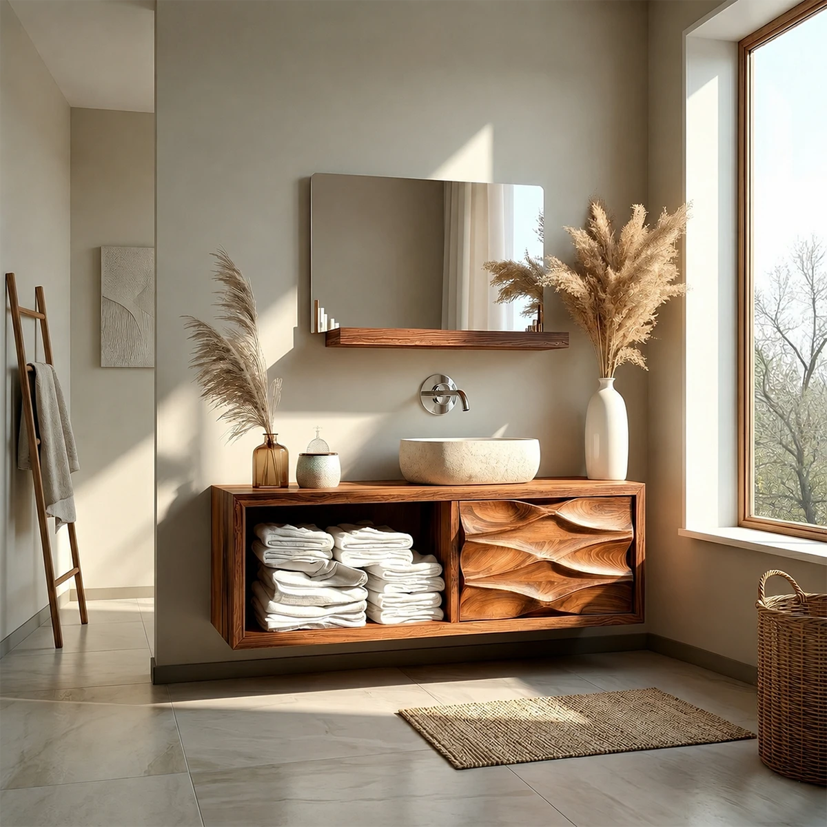 Floating Natural Solid Wood Bathroom Vanity With Sculpted Drawer