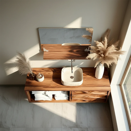 Elegant rosewood floating bathroom vanity with natural wood grain texture