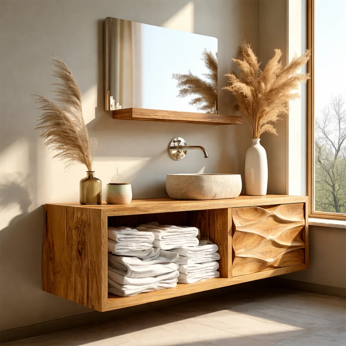 Modern rosewood floating bathroom vanity with natural stone basin