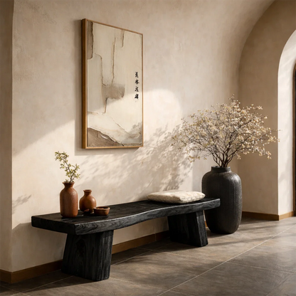 Japandi style bench featuring balanced proportions and refined black tone finish seating