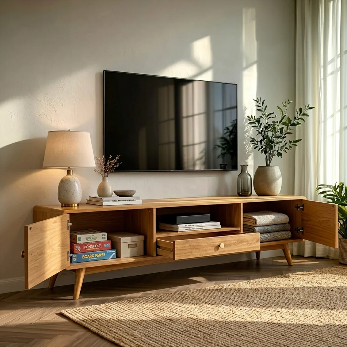 Minimalist Solid Wood TV Stand with Drawer and Cabinet Storage Design - ArborisWood - 5