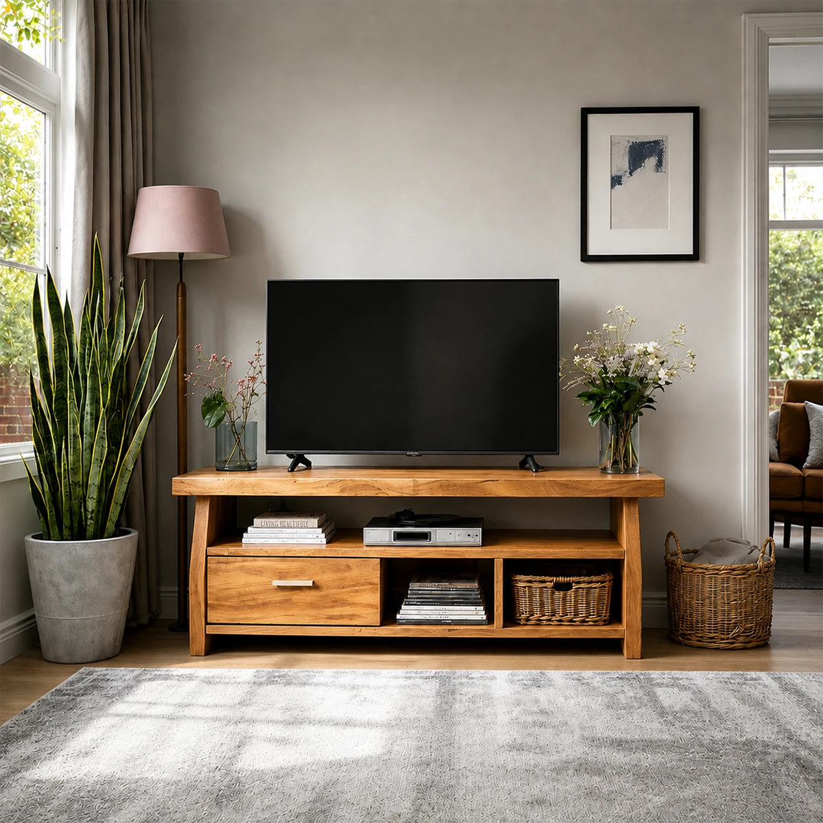Minimalist Solid Wood TV Stand with Drawer and Open Shelf Storage Design - ArborisWood - 13