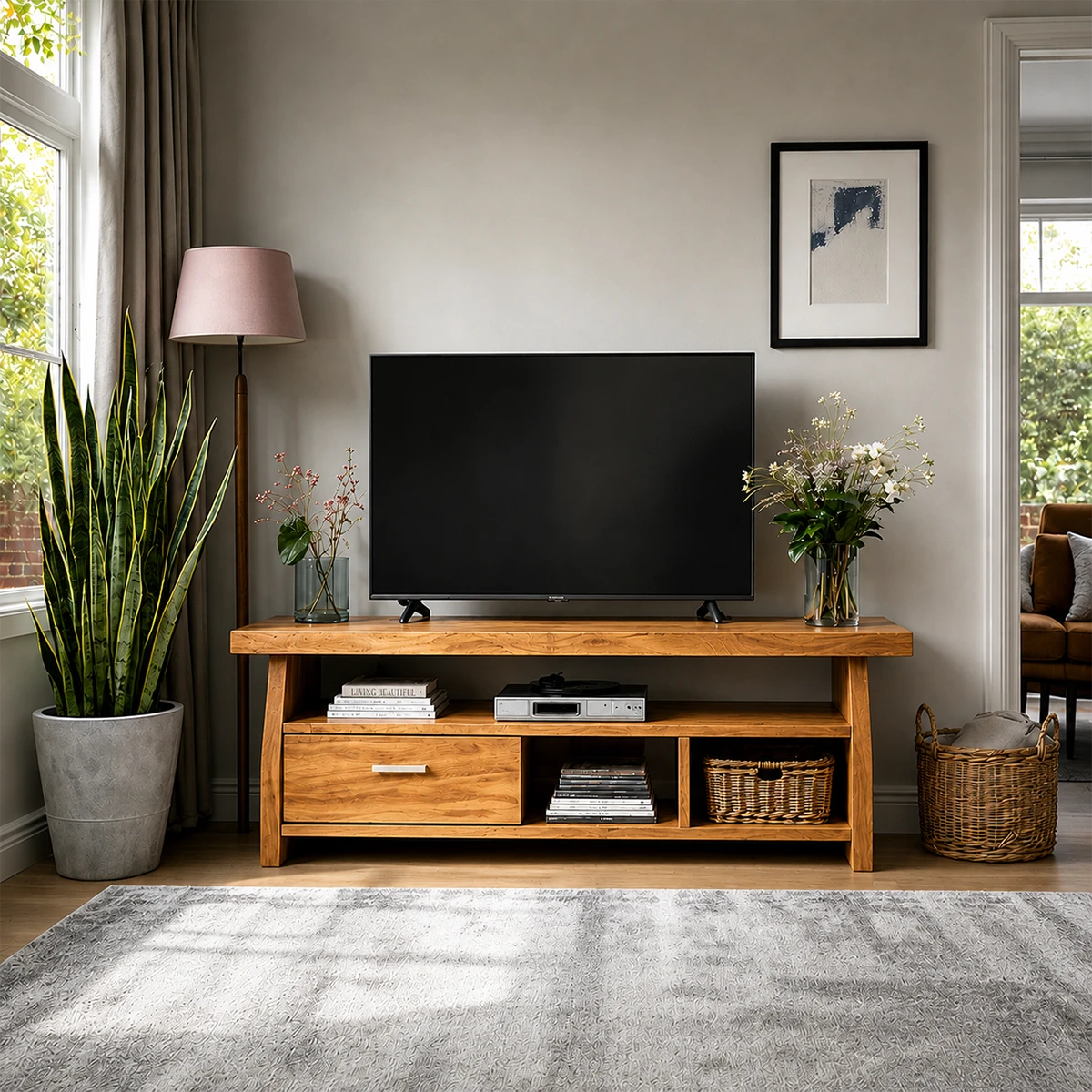 Minimalist Solid Wood TV Stand with Drawer and Open Shelf Storage Design - ArborisWood - 14