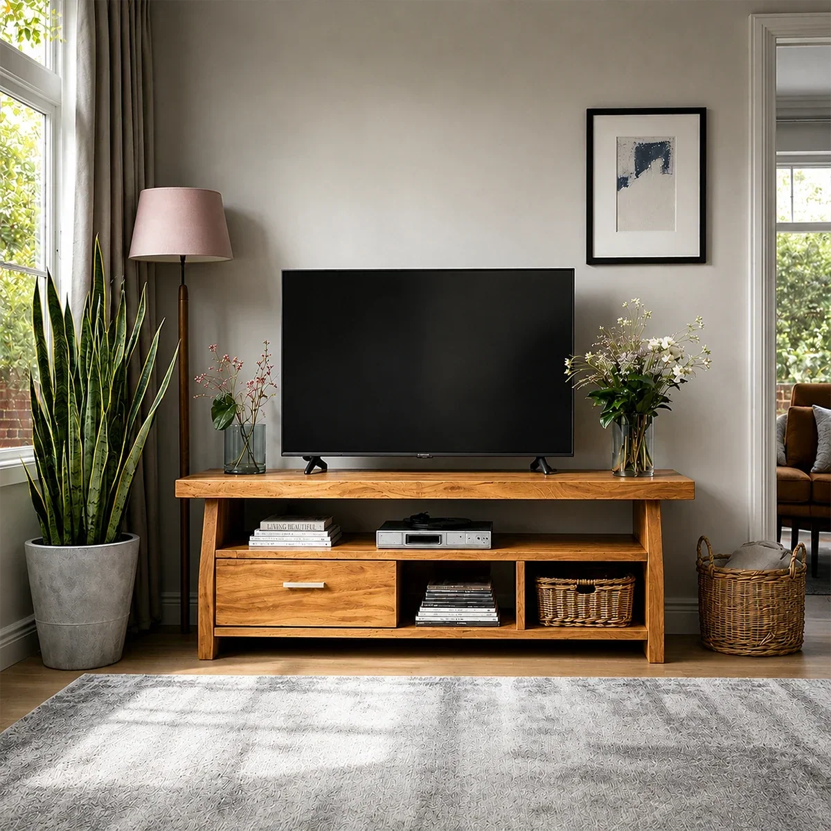 Minimalist Solid Wood TV Stand with Drawer and Open Shelf Storage Design - Arboriswood - 14