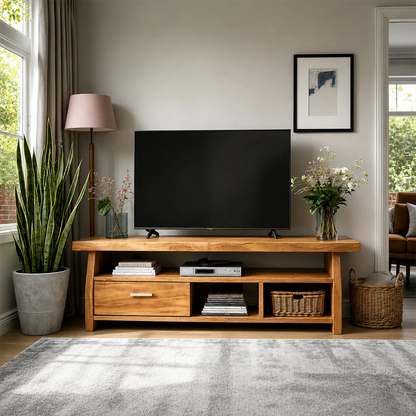 Minimalist Solid Wood TV Stand with Drawer and Open Shelf Storage Design - ArborisWood - 3