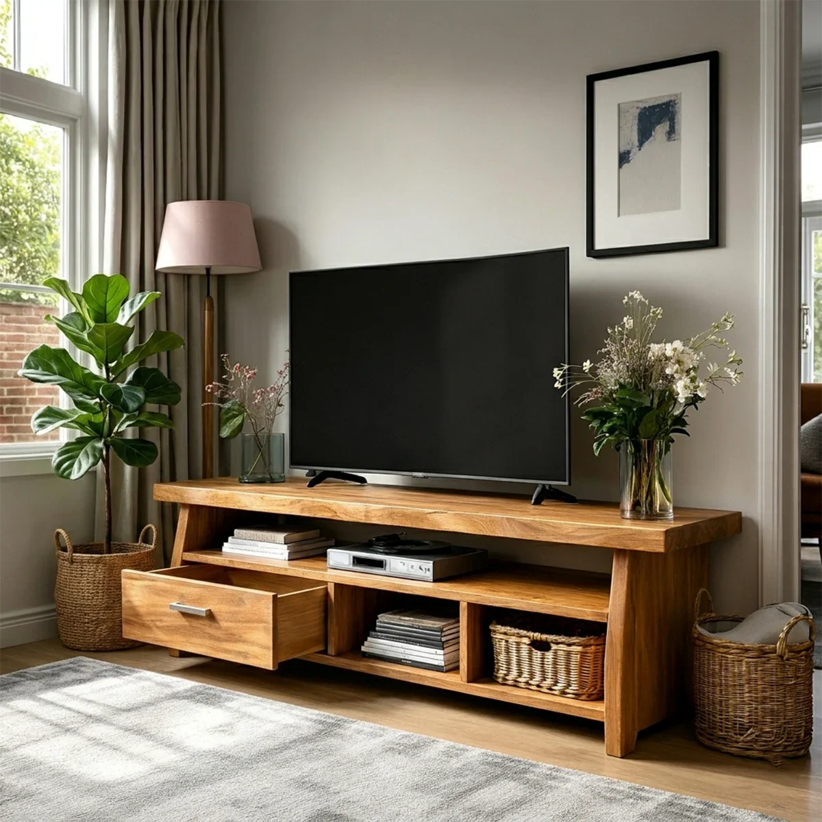 Minimalist Solid Wood TV Stand with Drawer and Open Shelf Storage Design - ArborisWood - 5