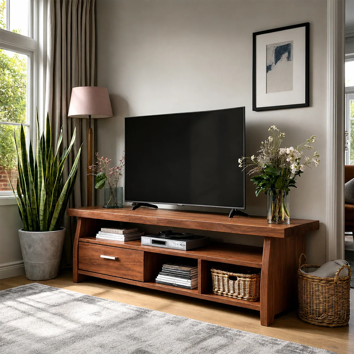 Minimalist Solid Wood TV Stand with Drawer and Open Shelf Storage Design - ArborisWood - 7