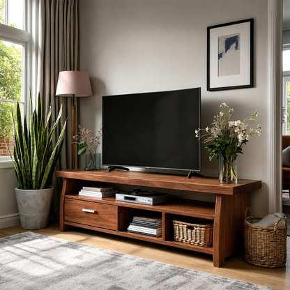 Minimalist Solid Wood TV Stand with Drawer and Open Shelf Storage Design - ArborisWood - 7