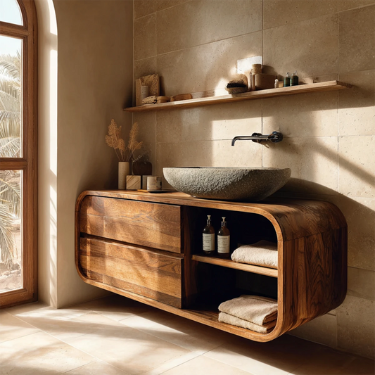 Minimalist walnut vanity with rounded edges – walnut wood bathroom vanity
