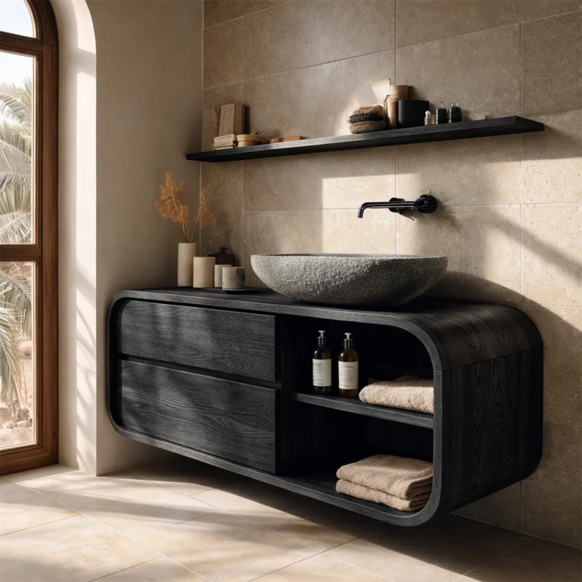 Floating wood vanity with smooth rounded form – floating wood vanity