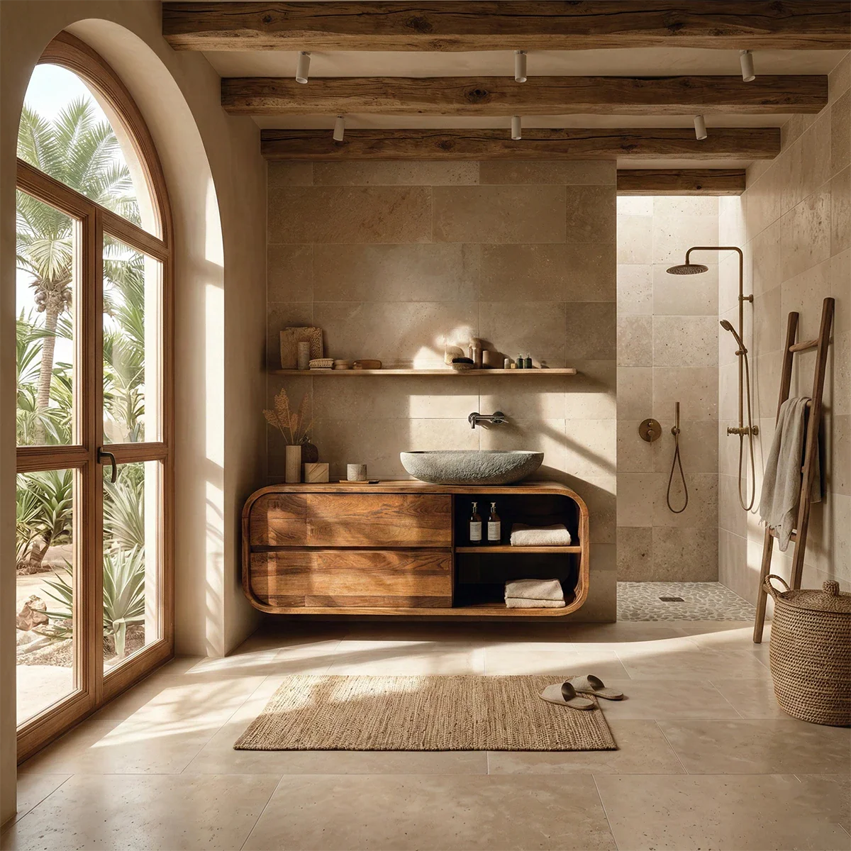 Floating walnut cabinet with open shelf – floating wood bathroom vanity