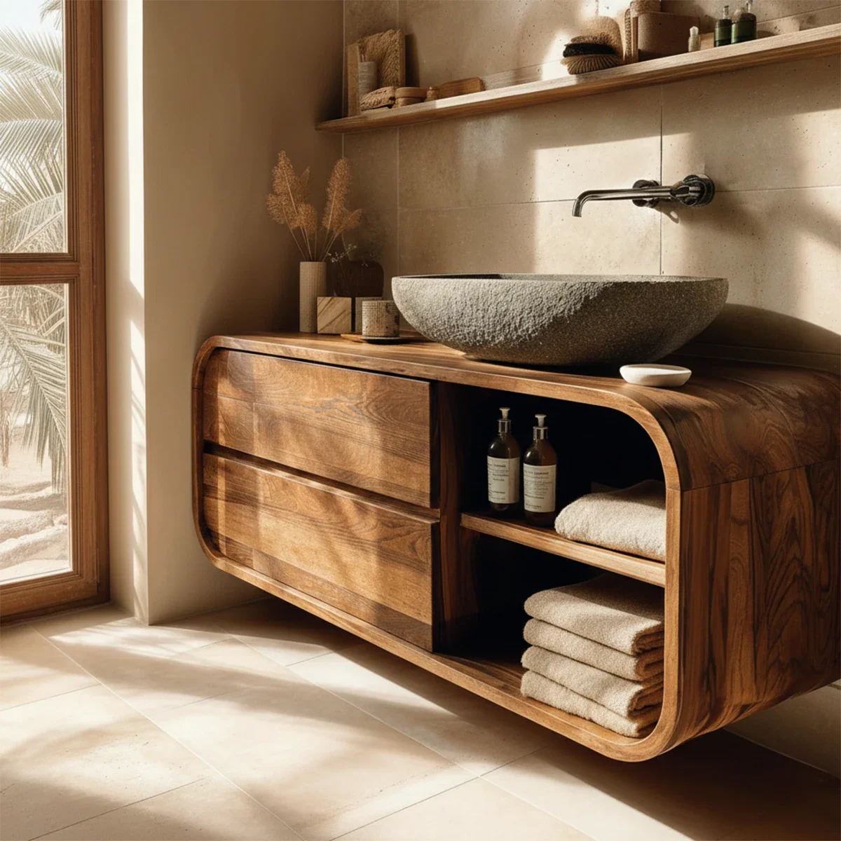 Wooden vanity with rounded corners and storage – wood bathroom vanity
