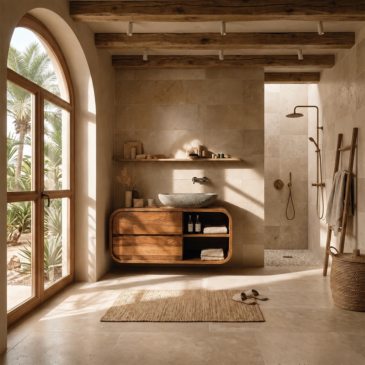 Floating Natural Solid Wood Bathroom Vanity With Curved Frame Design