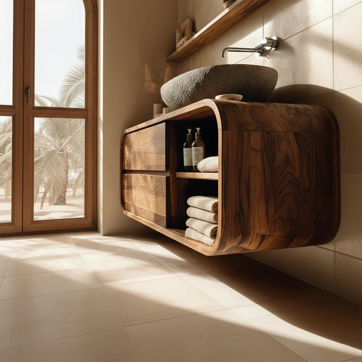 Contemporary walnut vanity under stone sink – walnut bathroom vanity
