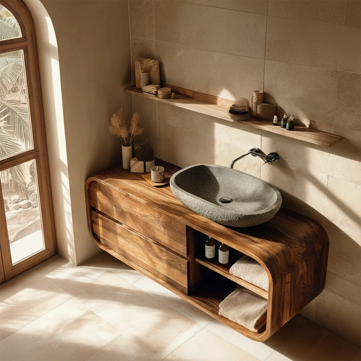 Wall mounted walnut cabinet with drawers – floating walnut vanity