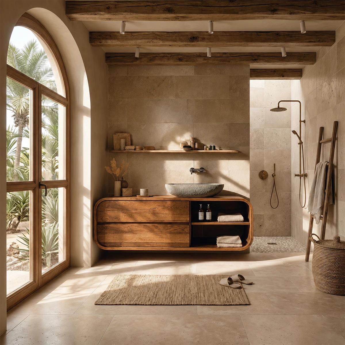 Floating Natural Solid Wood Bathroom Vanity With Curved Frame Design