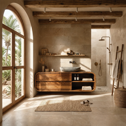 Floating Natural Solid Wood Bathroom Vanity With Curved Frame Design