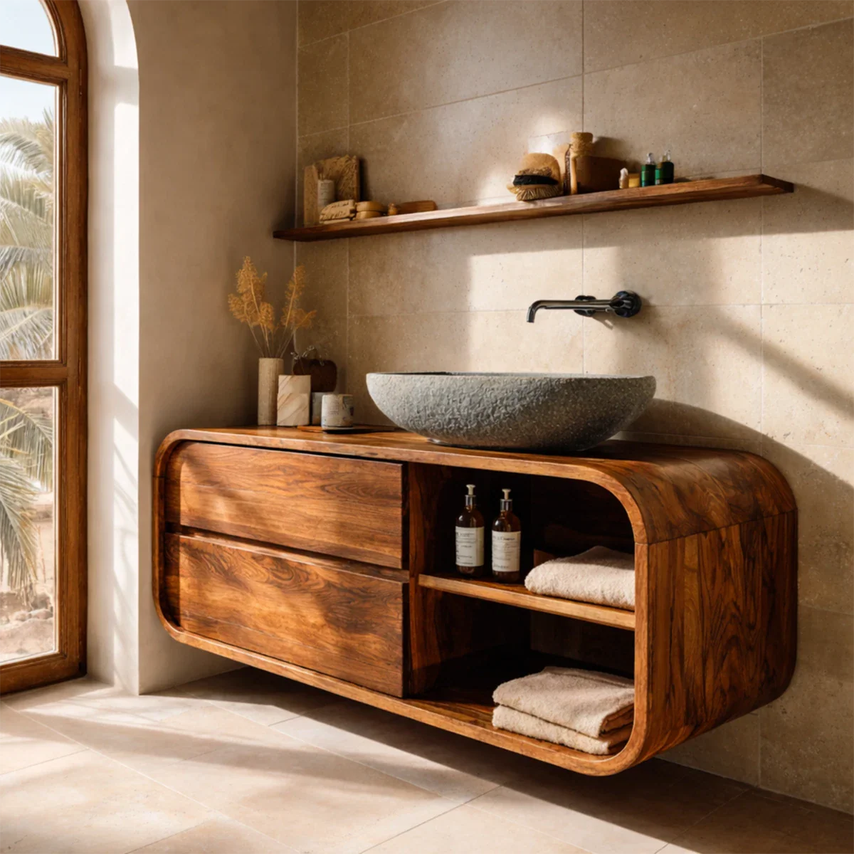 Elegant walnut vanity in warm bathroom interior – walnut wood vanity