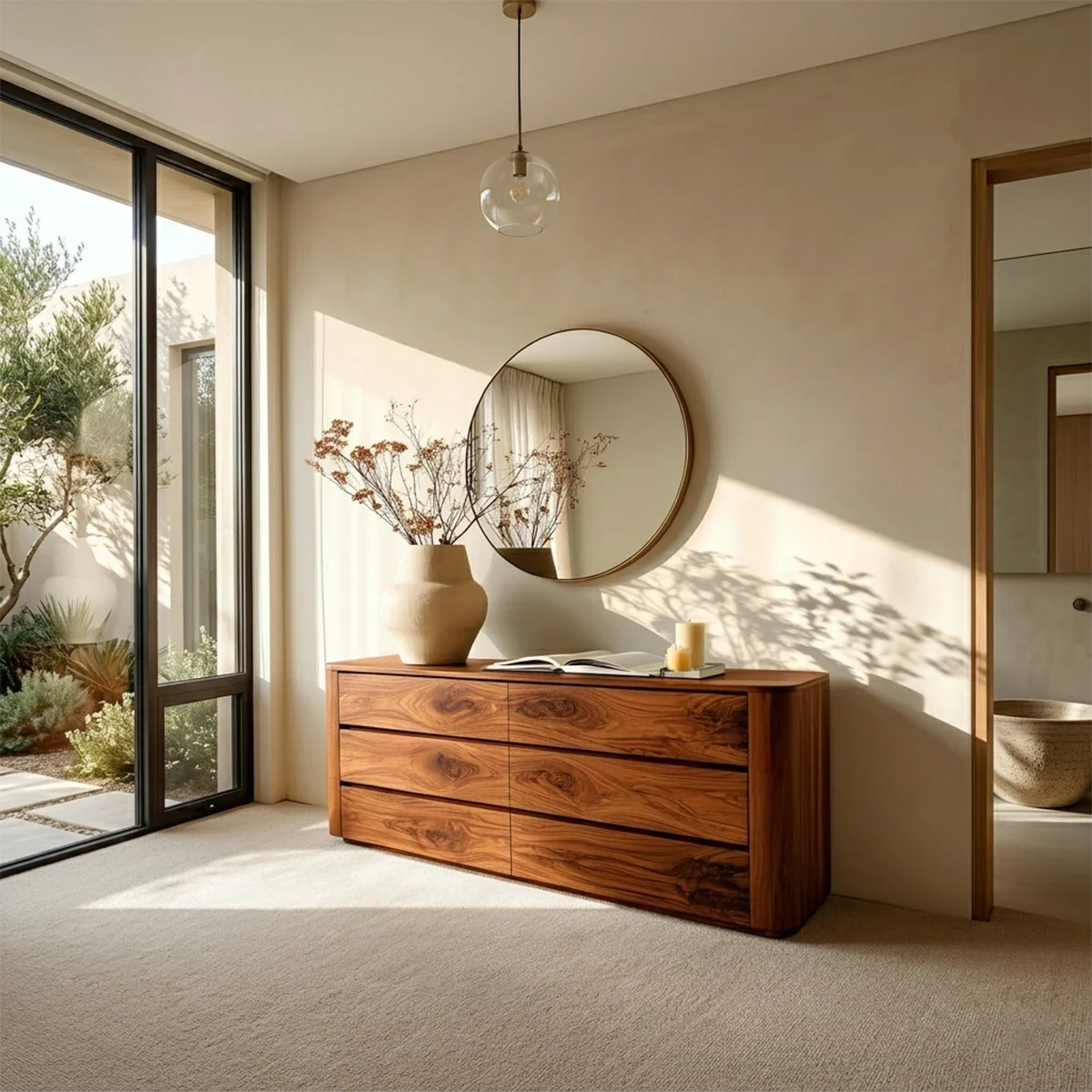 Modern storage sideboard featuring clean drawer lines and elegant natural wood grain