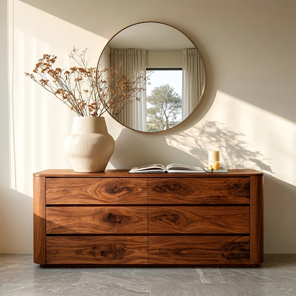 Contemporary buffet cabinet with low profile silhouette and spacious drawer organization