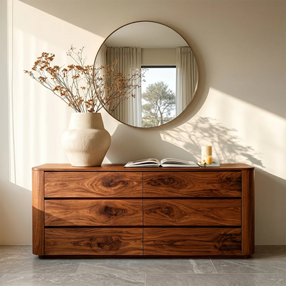 Contemporary buffet cabinet with low profile silhouette and spacious drawer organization