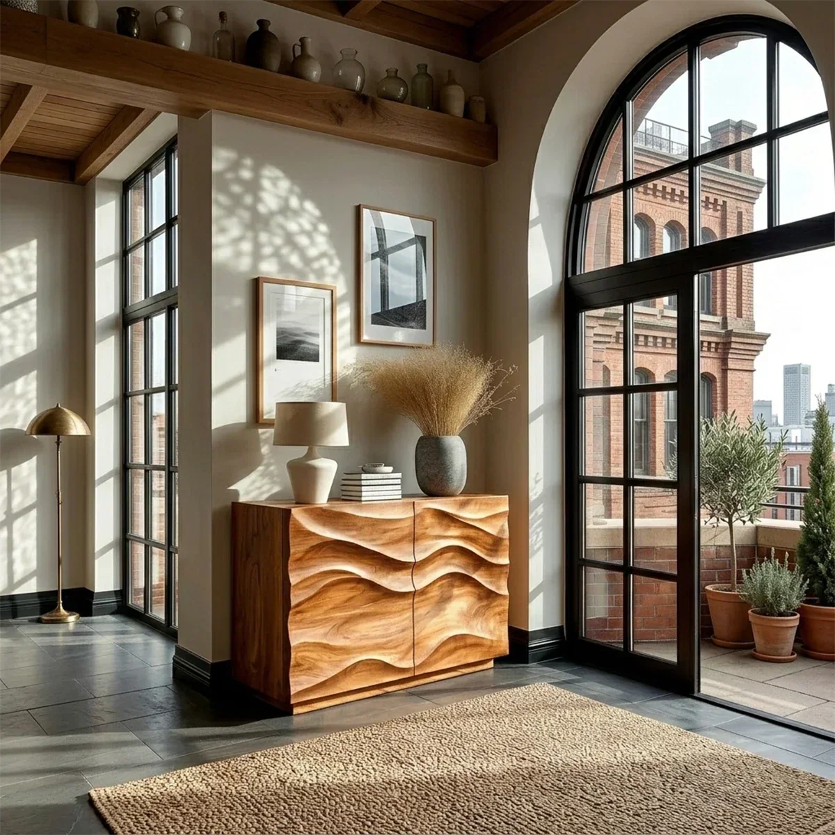 Modern Accent Sideboard in Natural Solid Wood with Flowing Relief Design - ArborisWood - 2
