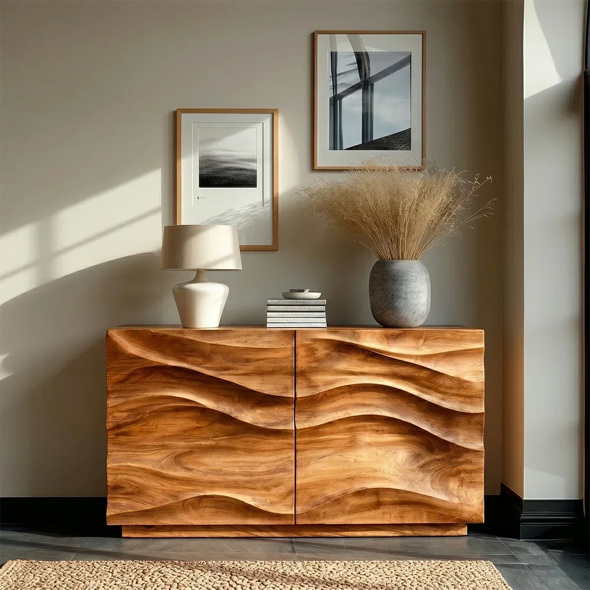 Modern Accent Sideboard in Natural Solid Wood with Flowing Relief Design - ArborisWood - 3