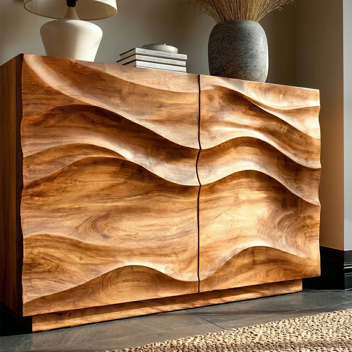Modern Accent Sideboard in Natural Solid Wood with Flowing Relief Design - ArborisWood - 4